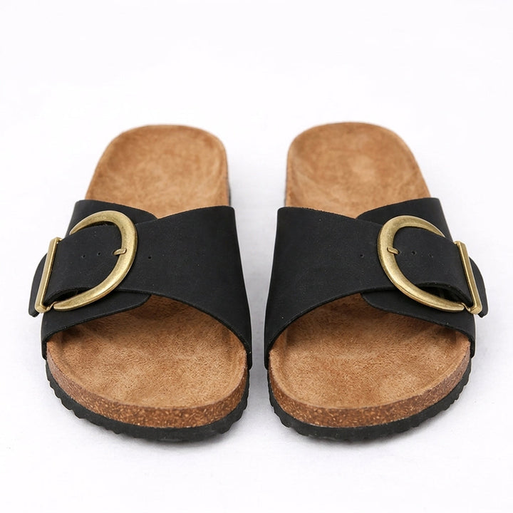 Black Buckle Slide Sandals Cork Footbed