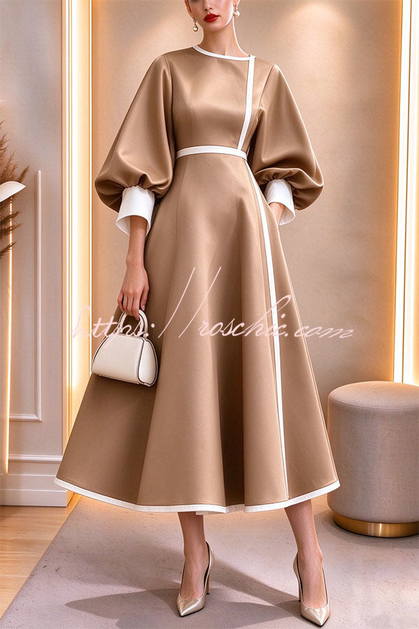 Elegant Color-block Lantern Sleeve Cinched Waist Pocketed Mid Dress