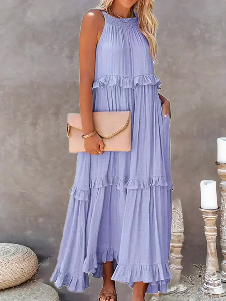 Delilah Elegant Halter Neck Ruffle Trim Dress - Elena Harper