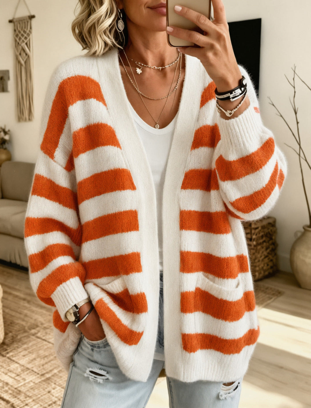 Striped women's cardigan with pockets - Comfortable and practical