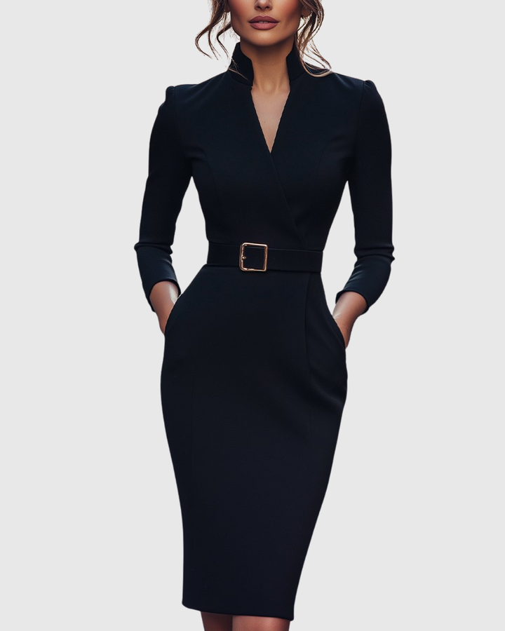 Women's Elegant Mock Wrap Midi Dress with Flattering Belt