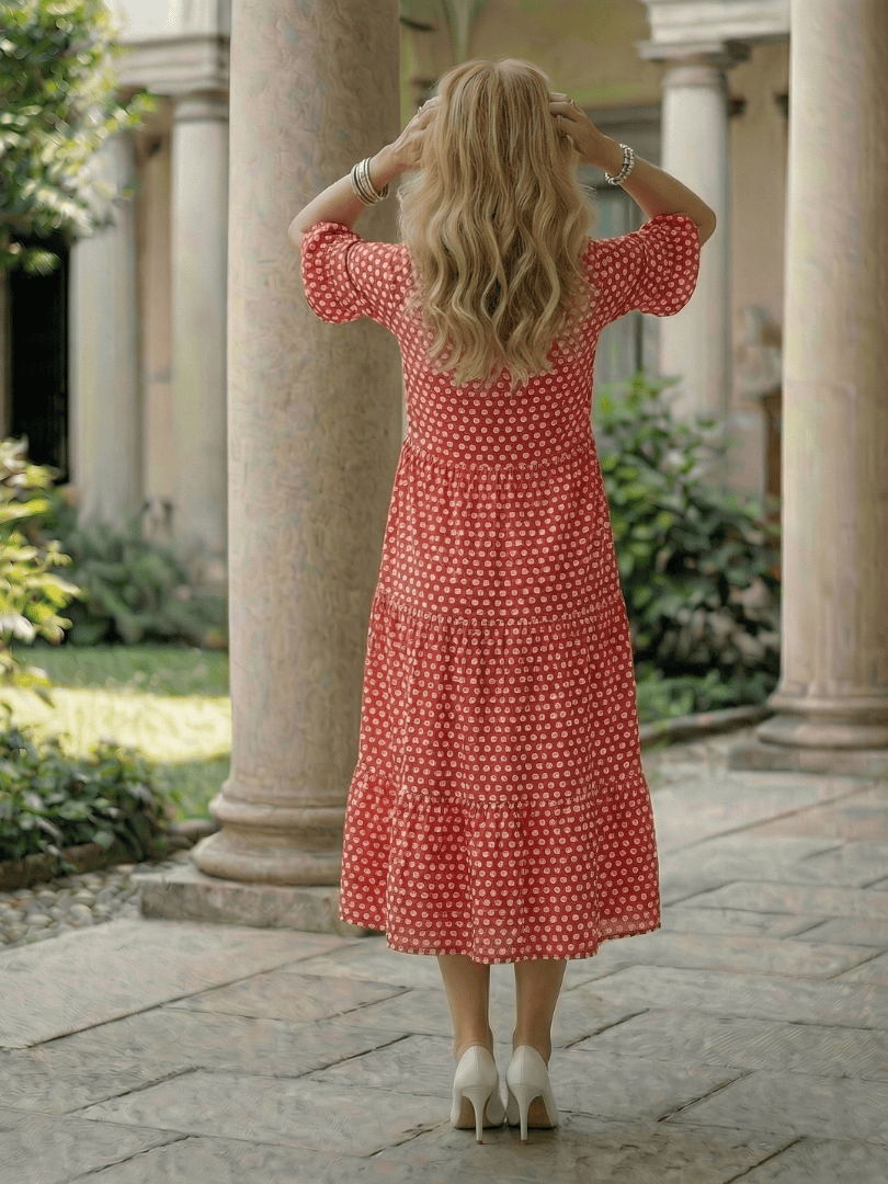 Emma & Rose Cape Town Arlo™ Dot Tiered Midi Dress with playful polka dots and flowing layered design, casual chic style.