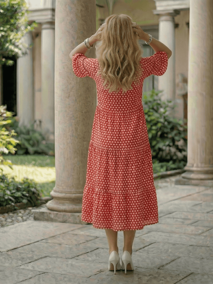 Emma & Rose Cape Town Arlo™ Dot Tiered Midi Dress with playful polka dots and flowing layered design, casual chic style.