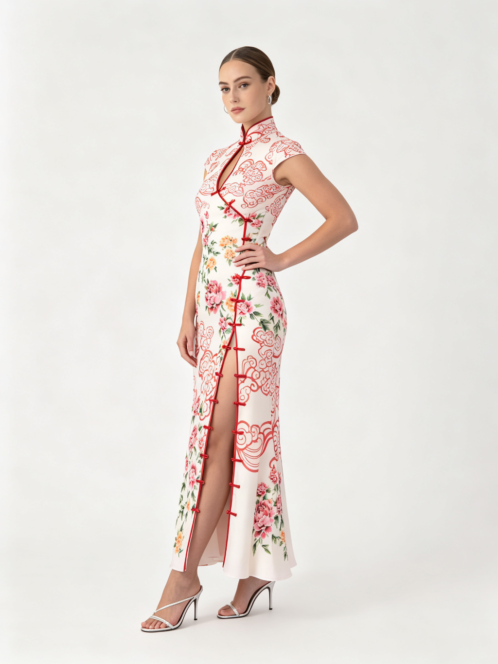 Cloud Peony Print Cheongsam Dress