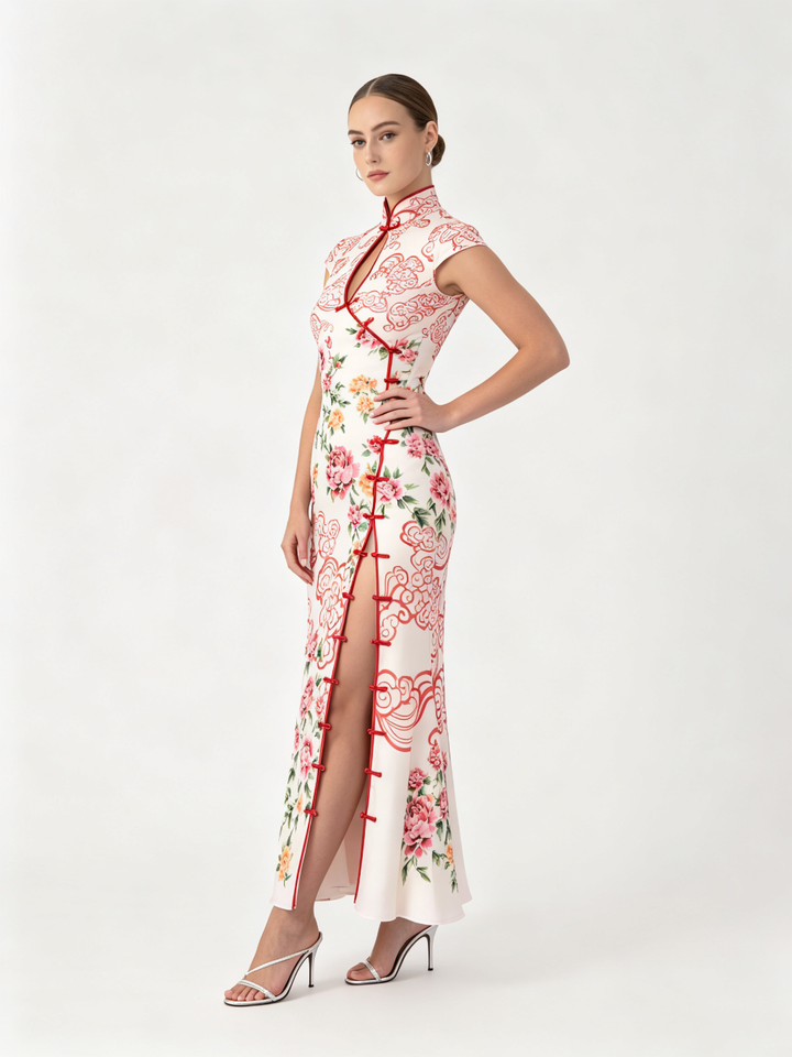 Cloud Peony Print Cheongsam Dress