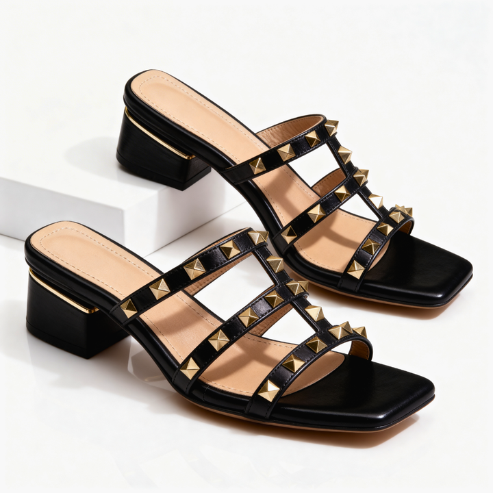 Women's Studded Block Heel Sandals with Square Toe Modern Elegant Style, view 4 - Elena Harper