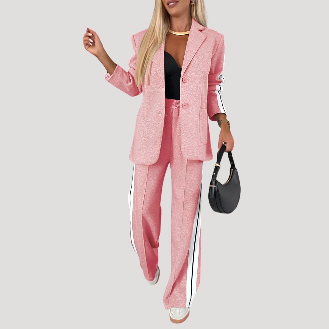 Women's Blazer Set with Striped Wide Pants