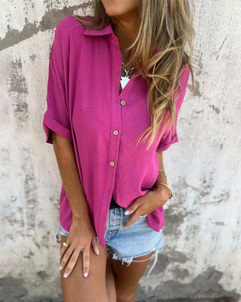 Quinn - Women’s Loose Solid Button-Up Shirt