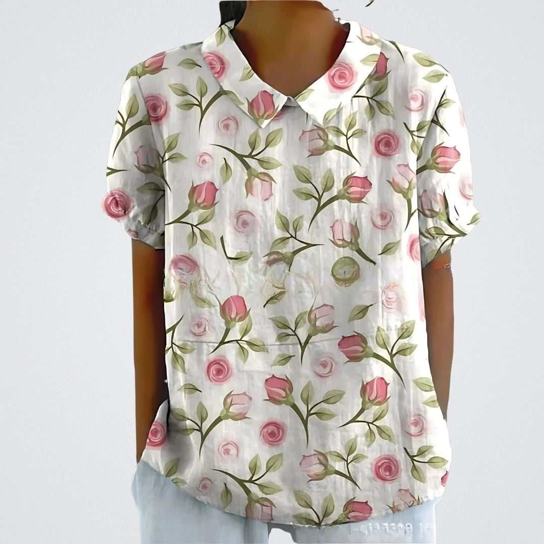 Lina™ - Stylish Linen Blouse with Floral Pattern