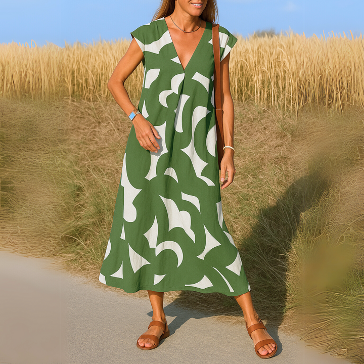 Black and White Geometric Print Midi Dress Shaira with V-Neck