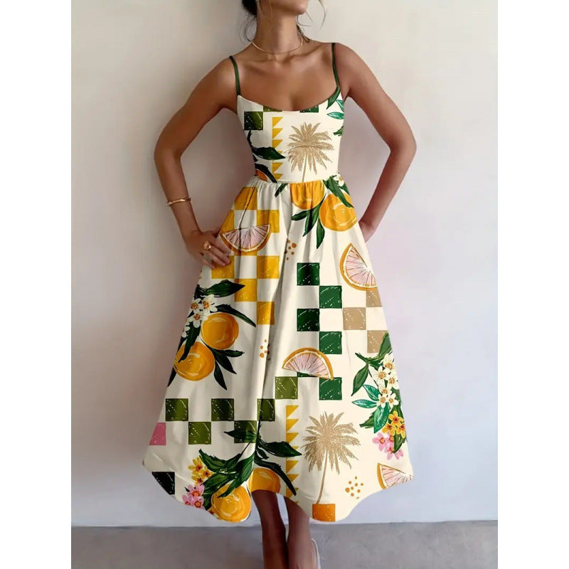 Women's Midi Dress with Tropical Print - Fresh and Feminine