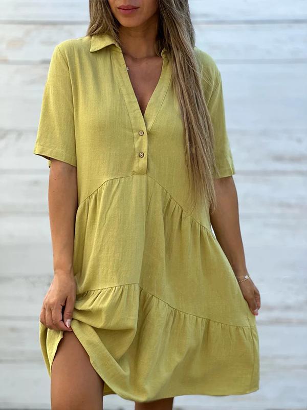 Short Women's Linen Cotton Dress Loose Fit V-Neck Buttoned Summer, view 5 - Elena Harper