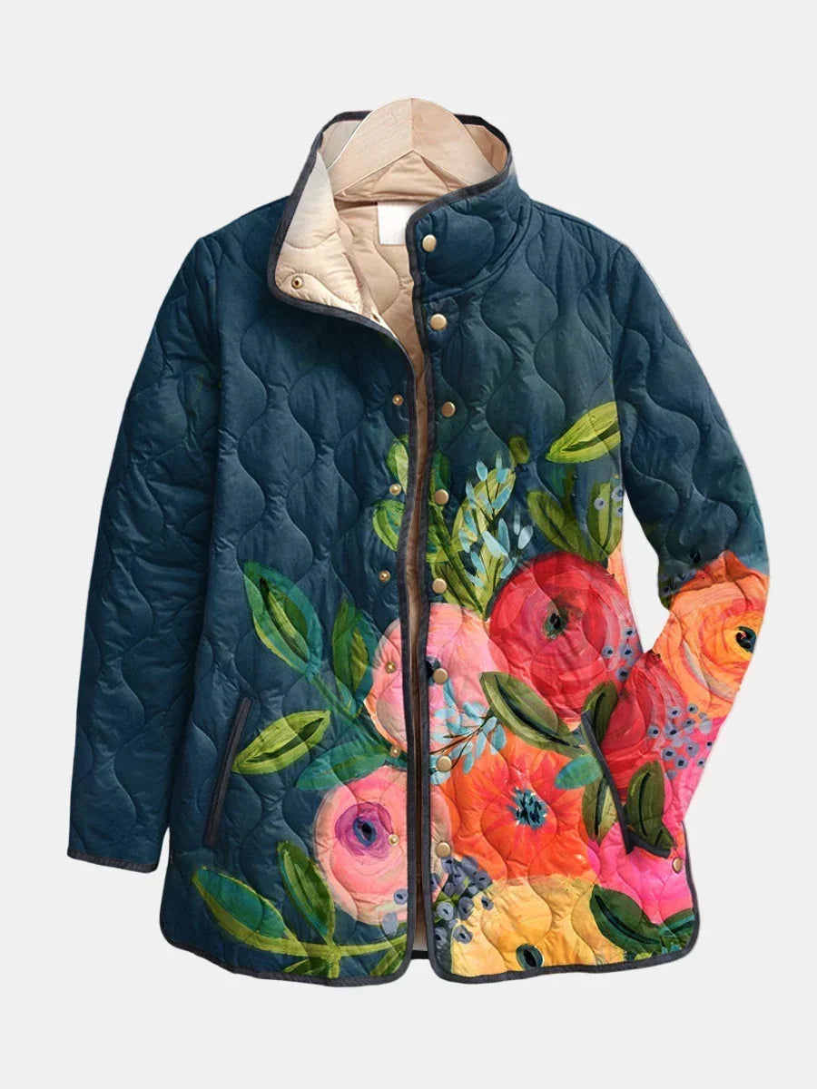 Women's Quilted Jacket with Floral Print for Mid-Season