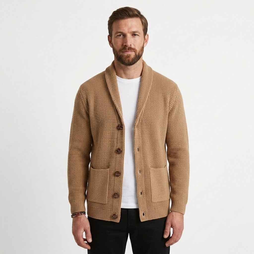 Textured Waffle-Knit Shawl Collar Cardigan For Men