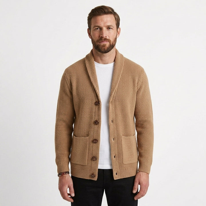 Textured Waffle-Knit Shawl Collar Cardigan For Men