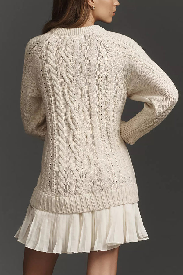 Delphine Knit Cable Textured Long Sleeve Pleated Chiffon Hem Sweater Mini Dress