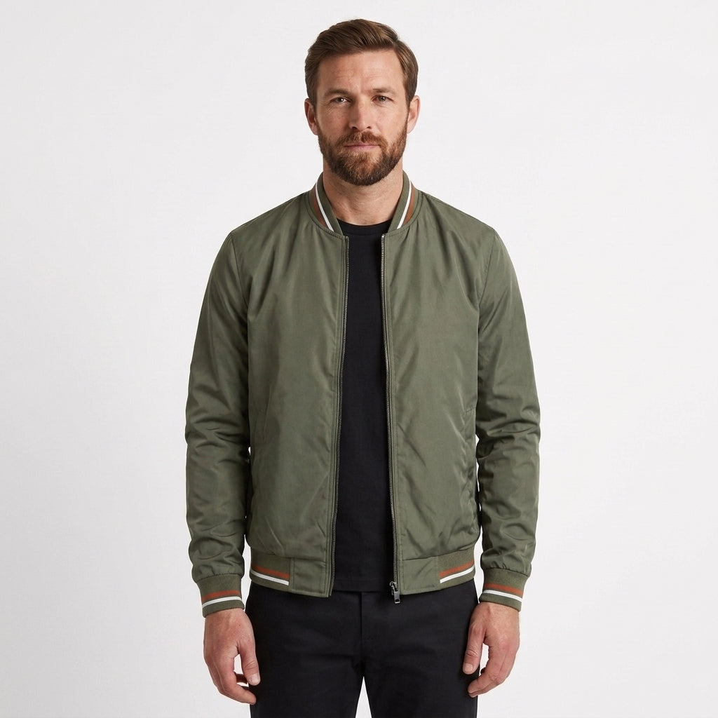 Striped Ribbed Trim Bomber Jacket For Men