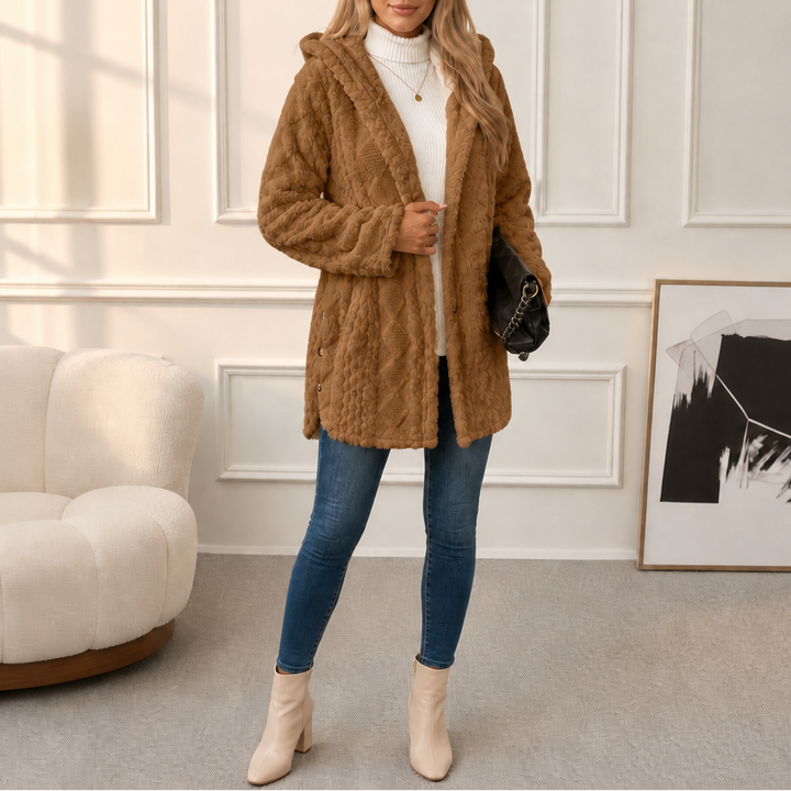 Amelia Plush Sherpa Jacket with Elegant Diamond Pattern, view 8 - Elena Harper