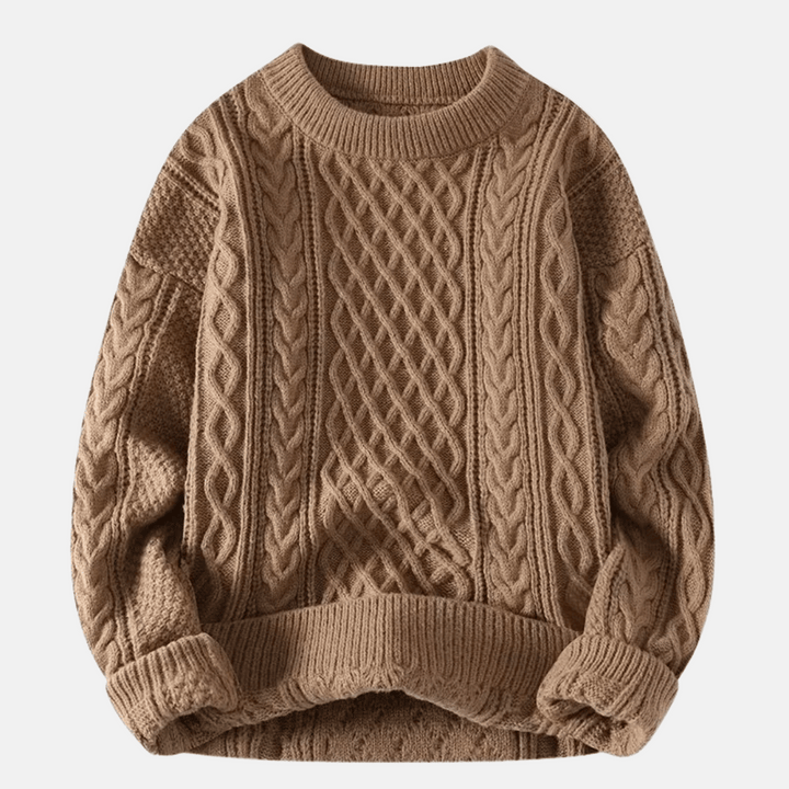 Men's Cable Knit Crewneck Sweater with Textured Pattern