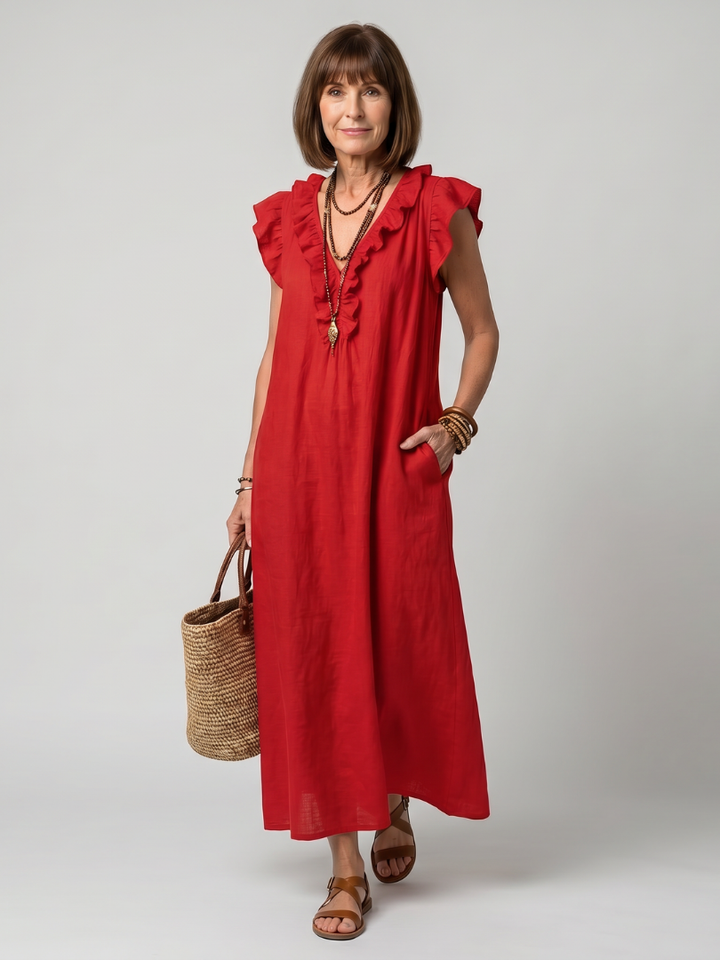 Women's Sleeveless Ruffle Trim Midi Dress - Flowing & Comfortable