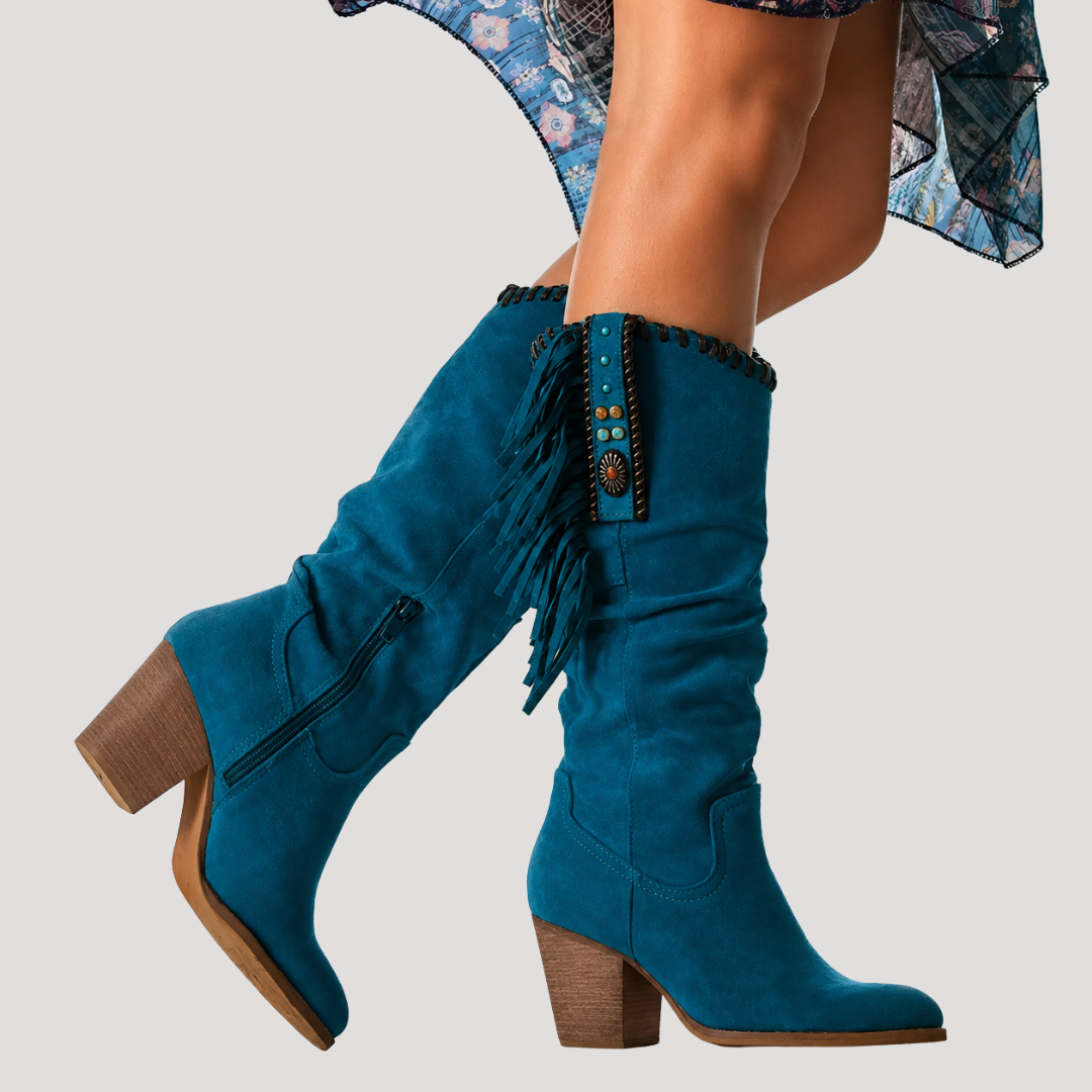 Mid-Calf Fringe Boots for Women with Square Heel