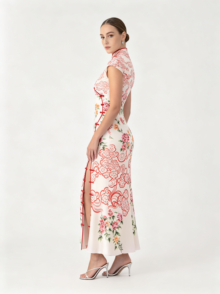 Cloud Peony Print Cheongsam Dress