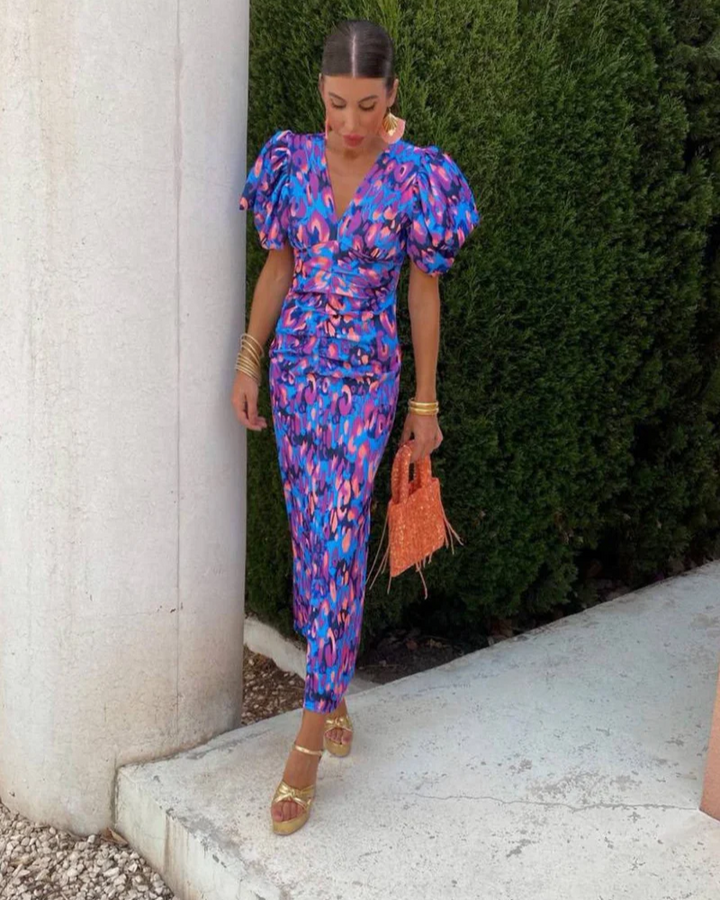 Haline Elegantly Cut Midi Dress with Puff Sleeves, view 2 - Elena Harper