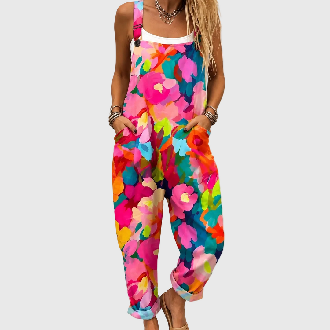 Women's Cheerful Floral Overalls Vibrant Relaxed Fit Jumpsuit - Elena Harper