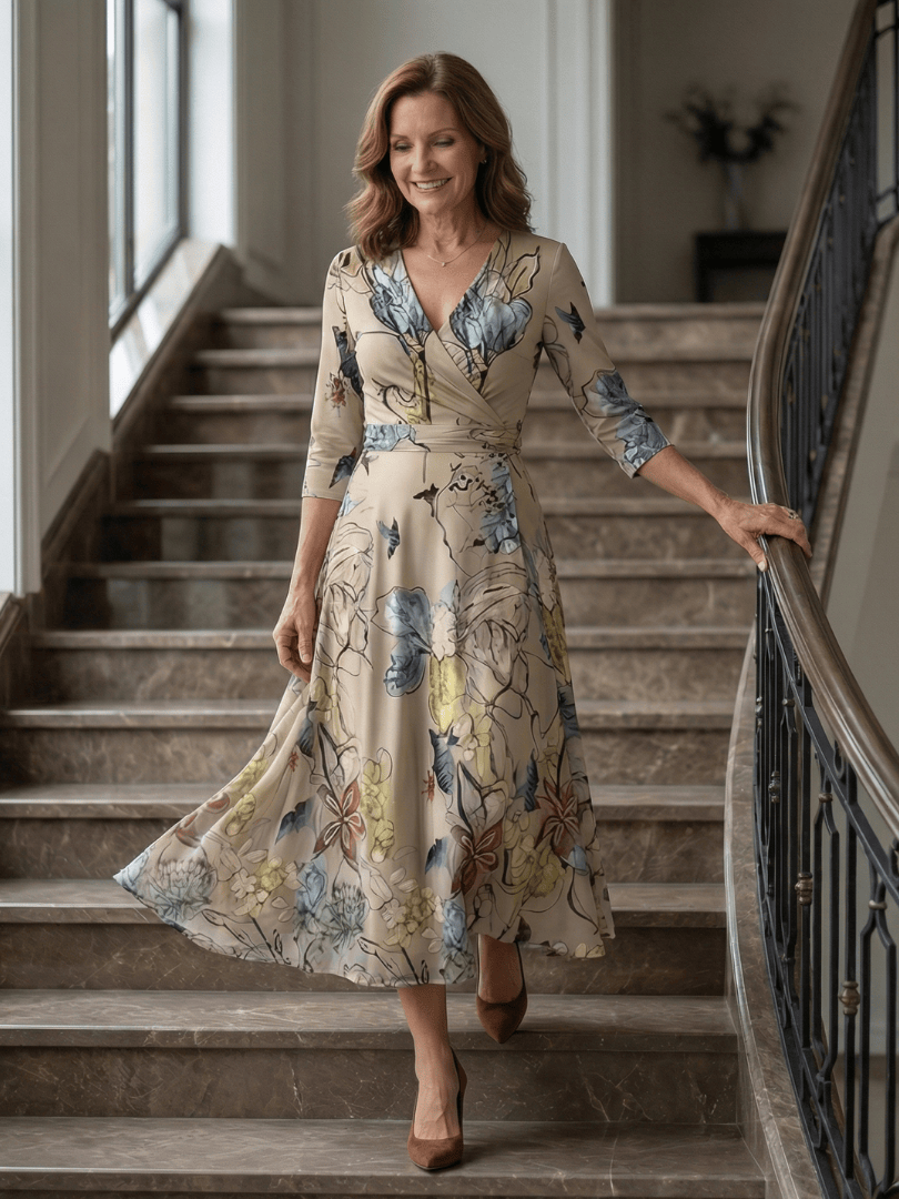 Celine™ wrap neck midi dress by Emma & Rose Cape Town, featuring a stylish midi length and elegant wrap neckline.