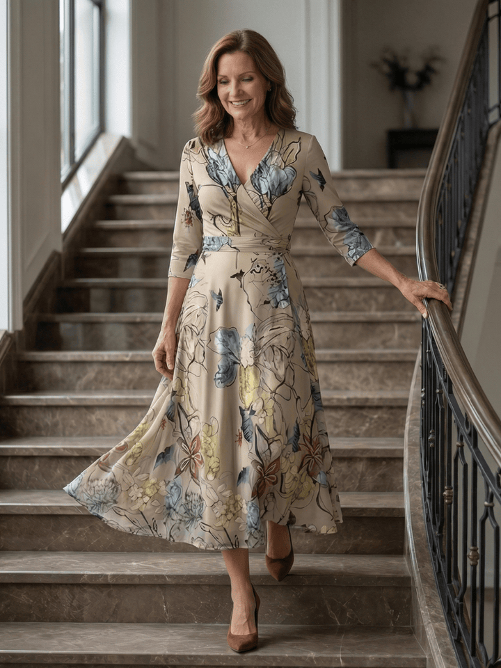 Celine™ wrap neck midi dress by Emma & Rose Cape Town, featuring a stylish midi length and elegant wrap neckline.