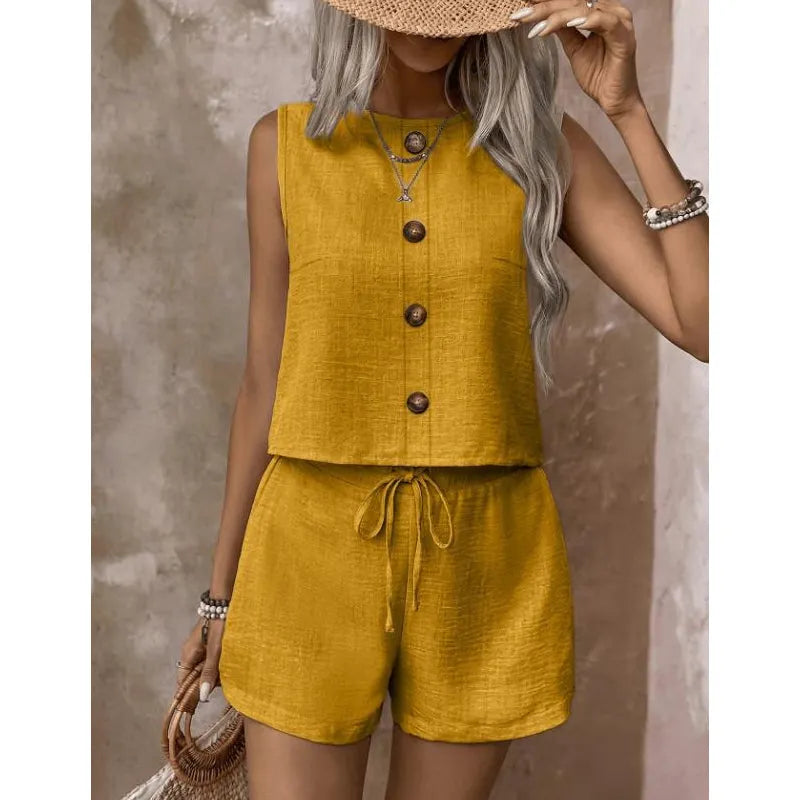 Summer Women's Set with Sleeveless Button Top and Adjustable Shorts