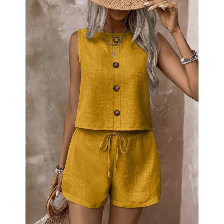 Summer Women's Set with Sleeveless Button Top and Adjustable Shorts