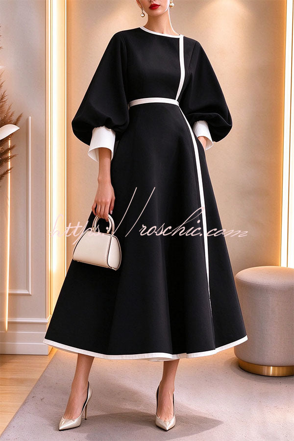 Elegant Color-block Lantern Sleeve Cinched Waist Pocketed Mid Dress