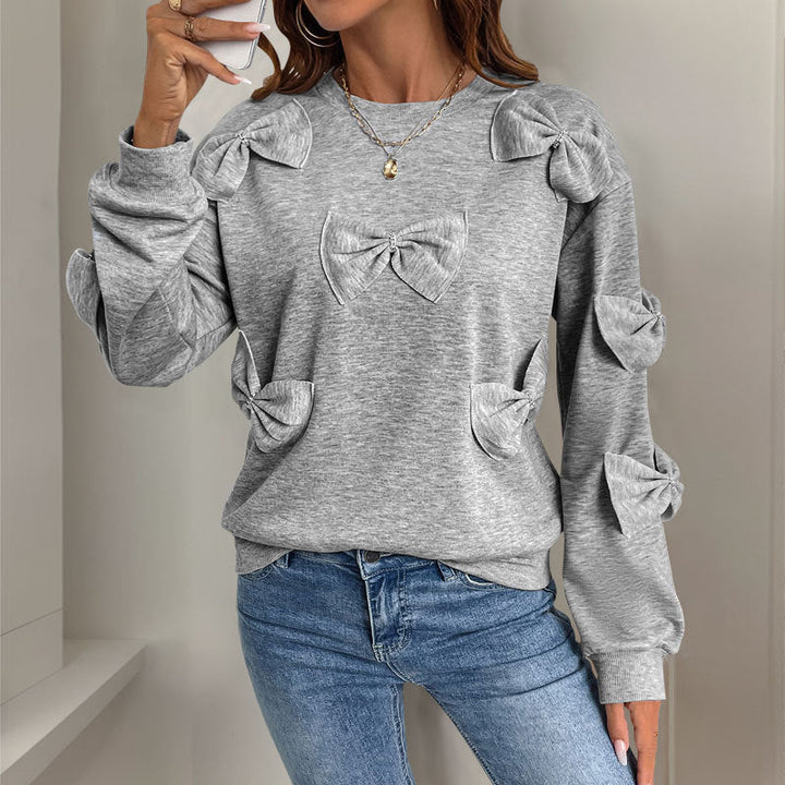 Women's Soft Knotted Sweater – Casual Gray Round Neck Sweatshirt