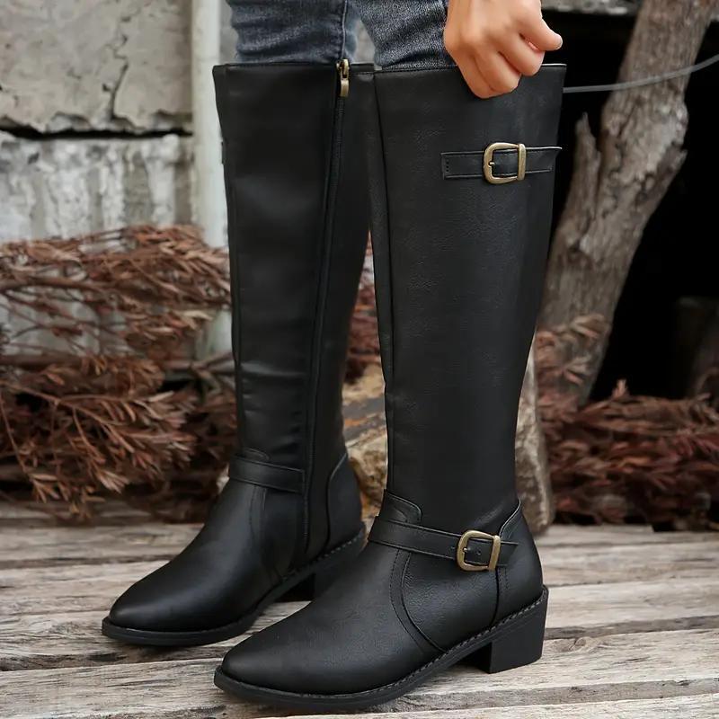Alicia Elegant Knee-High Boots in Leather Look with Double Buckles, view 3 - Elena Harper