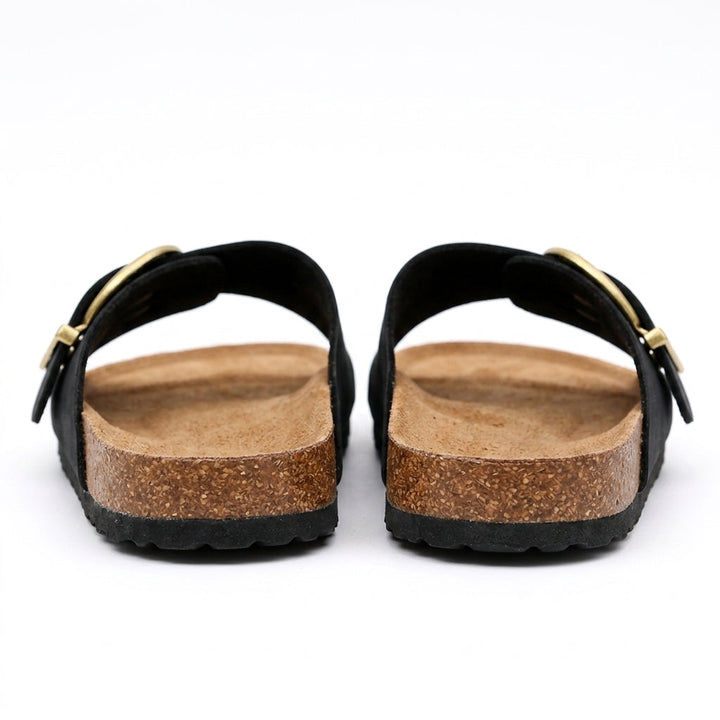 Black Buckle Slide Sandals Cork Footbed
