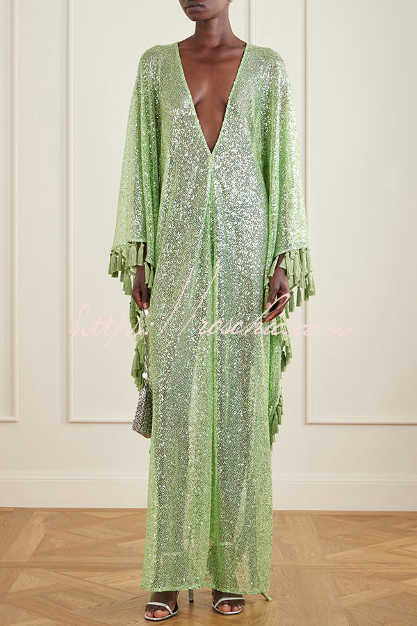Gianna Sequin Deep V-neck Batwing Sleeve Fringed Trim Slit Gown Maxi Dress