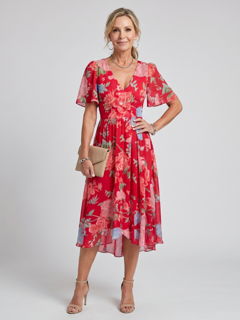 Women's Floral Print Flutter Sleeve Midi Dress for Effortless Style