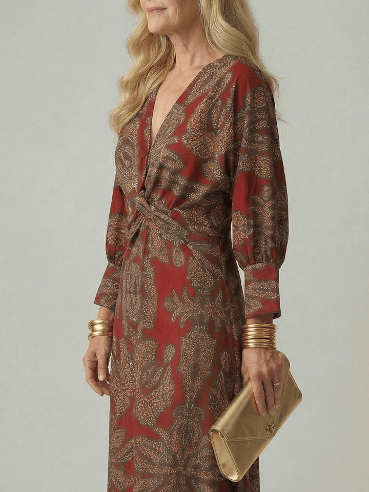 Emma & Rose Cape Town Lune™ natural wrap midi dress featuring flowy fabric and a stylish waist tie in a neutral tone.