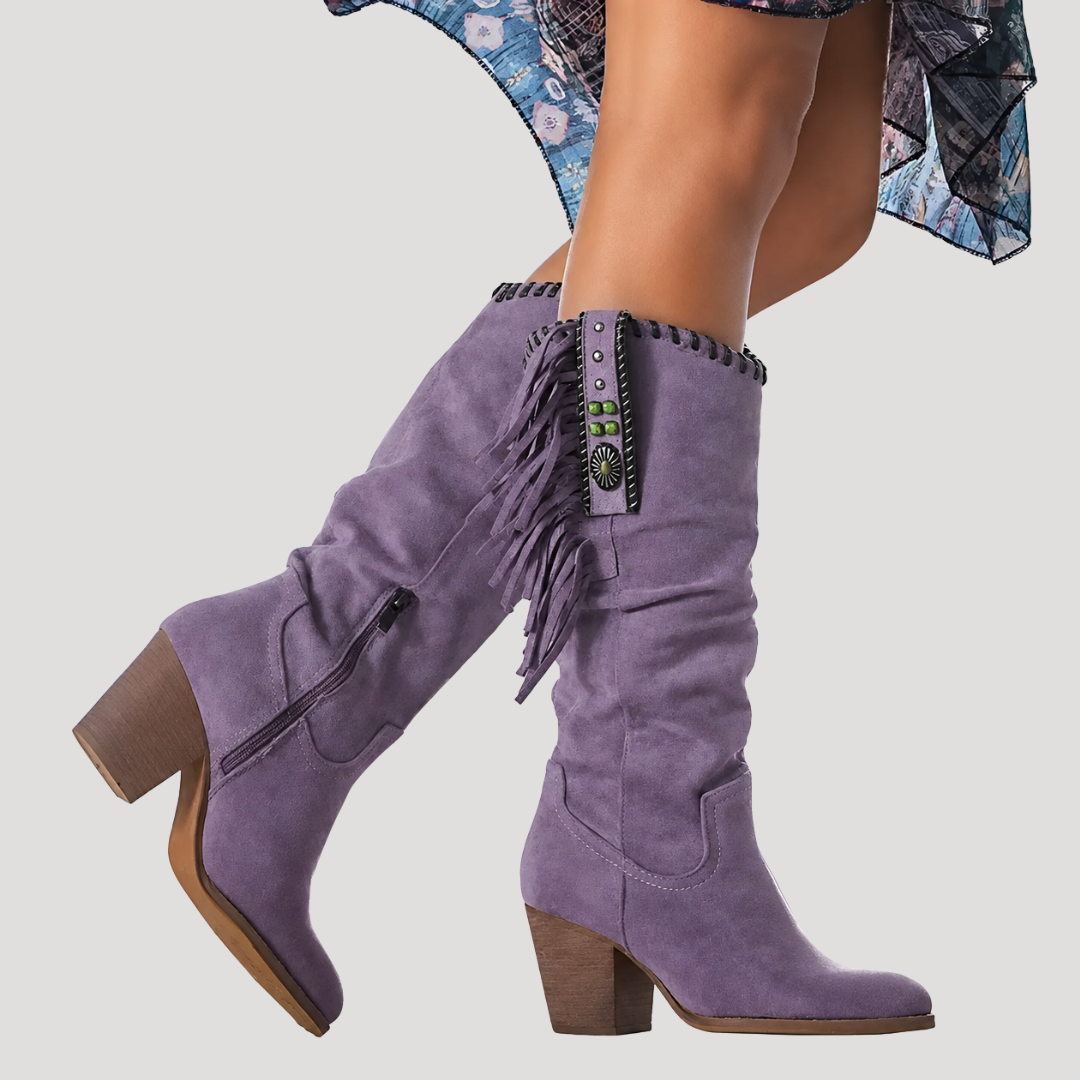 Mid-Calf Fringe Boots for Women with Square Heel