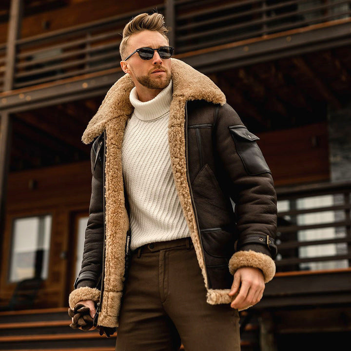 Men's Shearling Aviator Jacket with Zipper