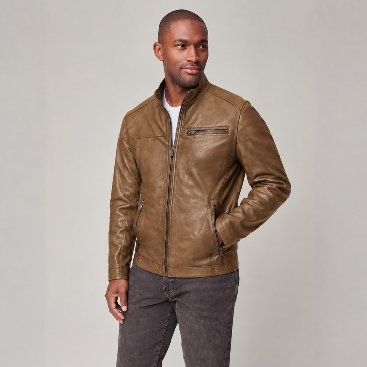 Men's Moto Jacket Stand Collar Zip Front with Side Pockets