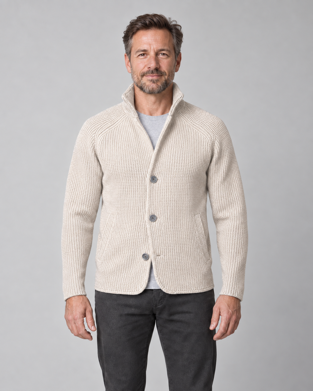 Men's Button-Front Jacket – Stand Collar and Textured Finish