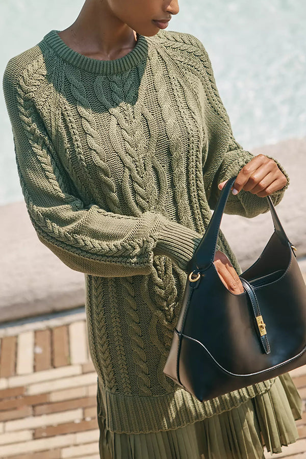 Delphine Knit Cable Textured Long Sleeve Pleated Chiffon Hem Sweater Mini Dress