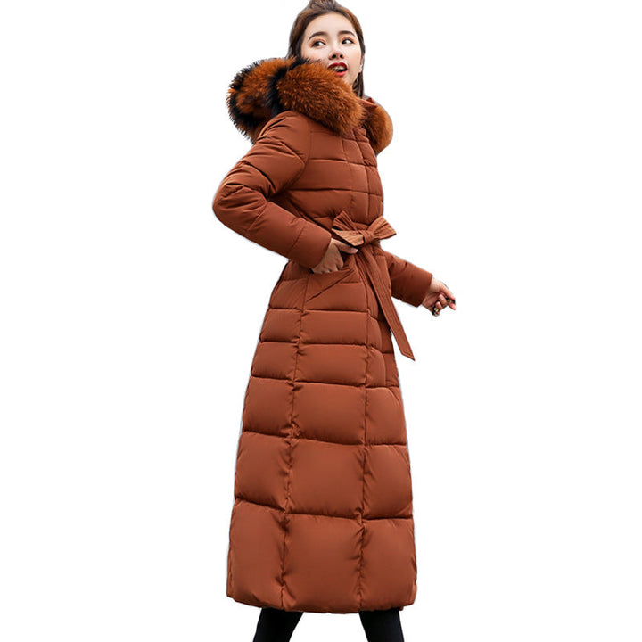 Women's Long Quilted Winter Parka with Hood and Belt - Elena Harper