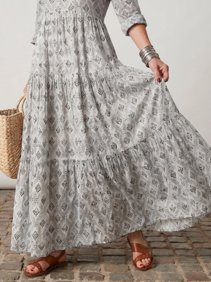 Women's Notch Neck Printed Long Sleeve Maxi Dress - Elena Harper
