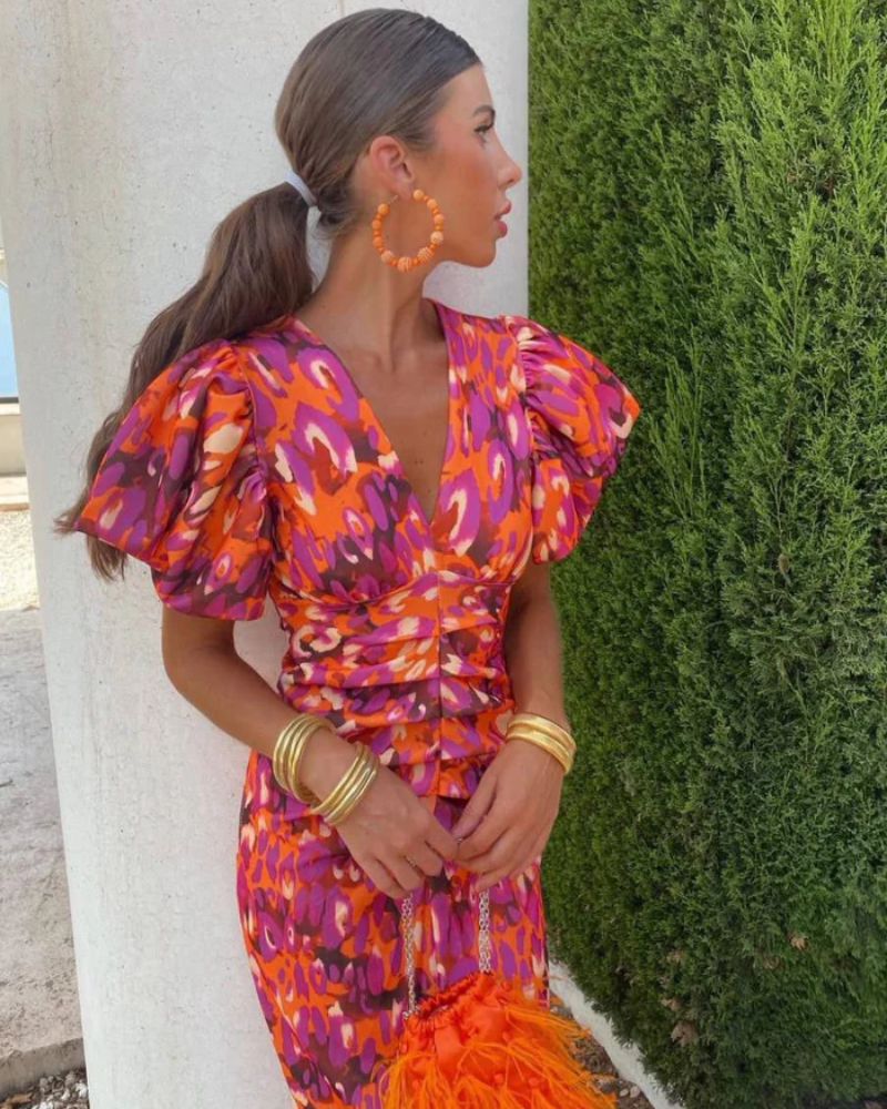 Haline Elegantly Cut Midi Dress with Puff Sleeves, view 4 - Elena Harper