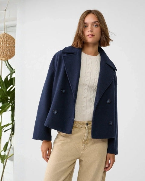 Short Women's Wool Cross Coat - Minimalist and Elegant
