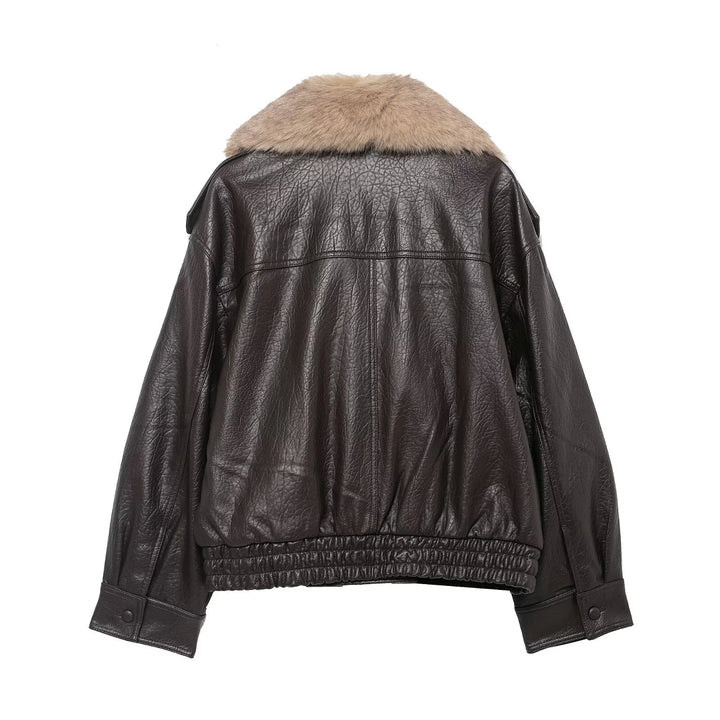Women's Faux Leather Jacket with Wide Fur Collar - Nymera