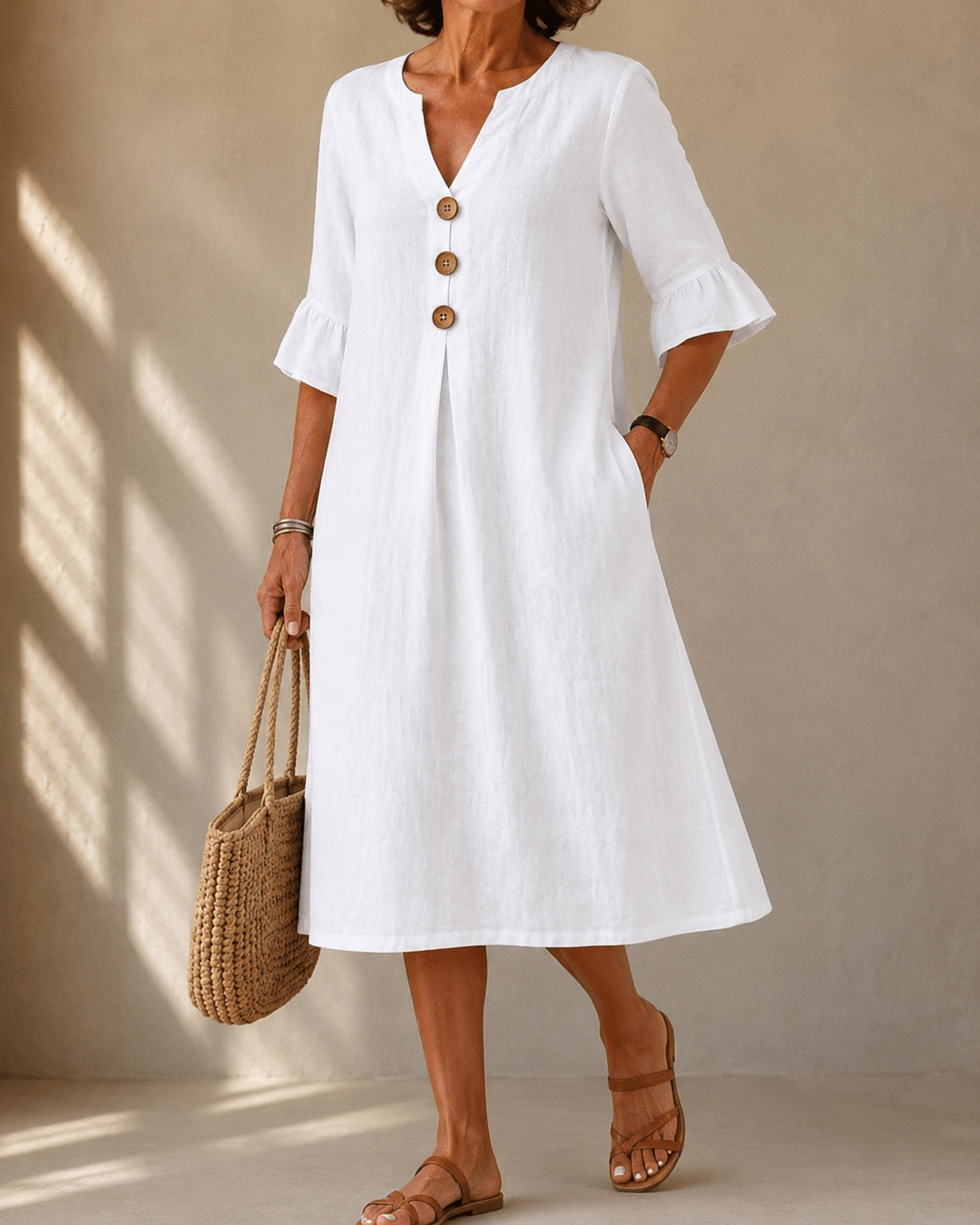 Corinne™ | Belly-Covering Midi Dress with Buttons